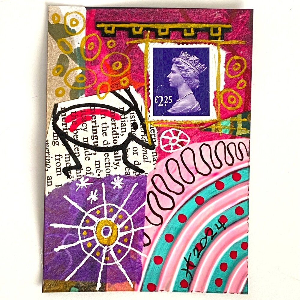 ACEO Original Mixed Media Mini Art UK Postage Stamp Tristina Dietz Elmes ATC
